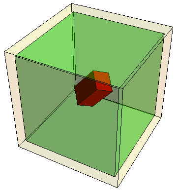 Thin red brick in green cube tight fit in beige cube